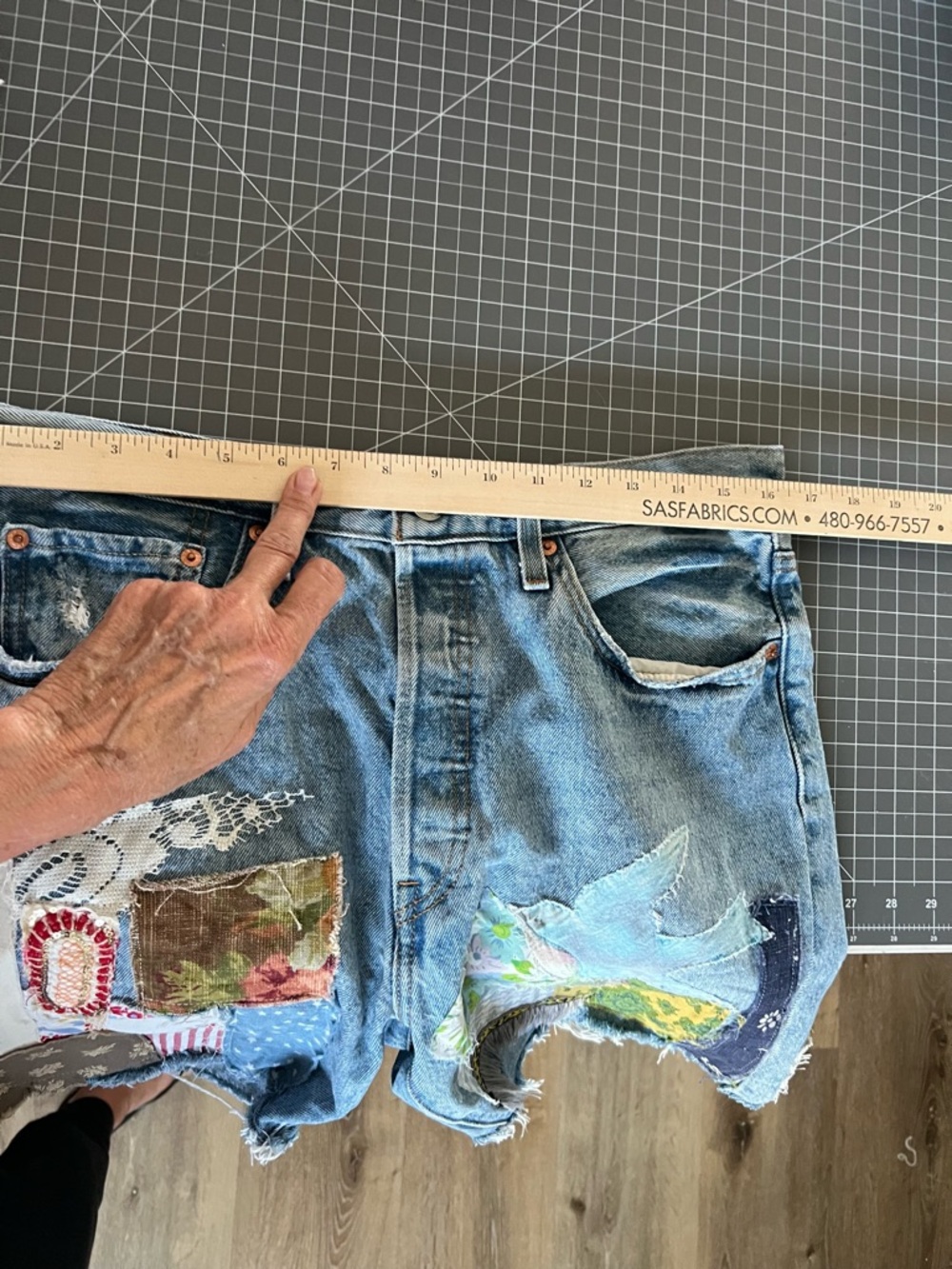 Upcycled Levi's Blue Patchwork High-Rise Jean Shorts - Picture 6 of 9